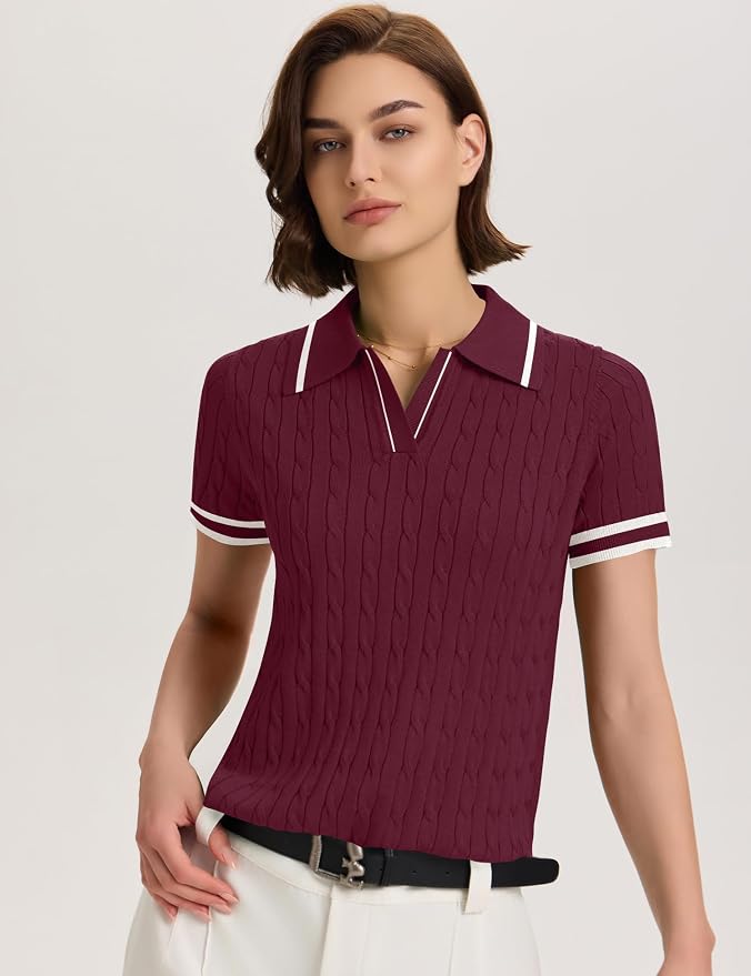 Micoson Womens Short Sleeve Sweater Tops Lapel V Neck Polo Shirts 2026 | Summer Cable Knit Loose Blouses, Business Casual Outfits
