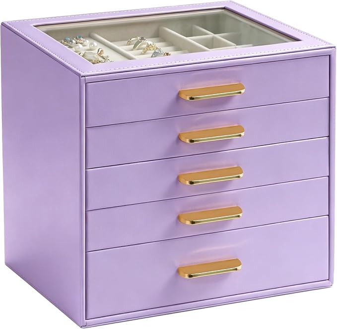 Homeanda Jewelry Boxes Organizer with Glass Lid, 5-Layer PU Leather, Purple | Modern style display case with 5 drawers for daily jewelry, women, mom or girl gift
