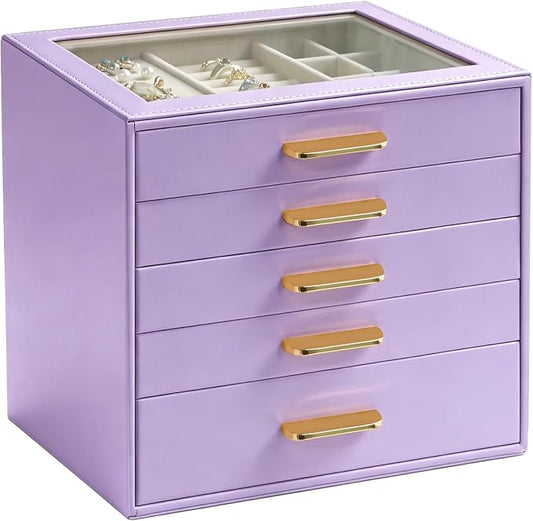 Homeanda Jewelry Boxes Organizer with Glass Lid, 5-Layer PU Leather, Purple | Modern style display case with 5 drawers for daily jewelry, women, mom or girl gift