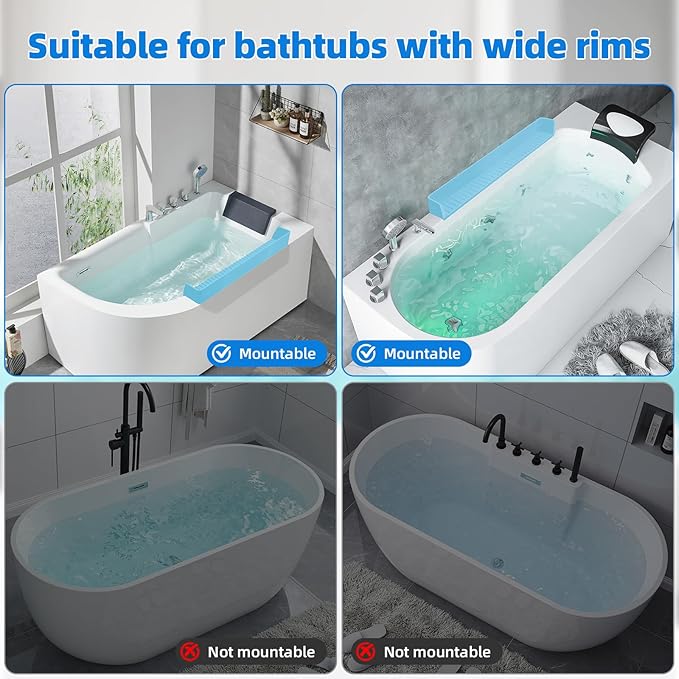 Extended Super Long Kids Bathtub Splash Guard - 32 Inch Food-Grade Silicone, 11 Strong Suction Cups, Toy Tray Caddy & Bath Toy Storage, No Spill Barrier (Blue)