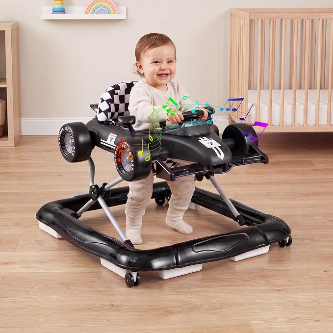 HONEY JOY Baby Walker, 4-in-1 Foldable Infant Activity Push Walker, Toddler Car Walker with Adjustable Heights, Music, Lights, Padded Seat, Baby Walker with Wheels for Boys Girls 6-18 Months (Black)