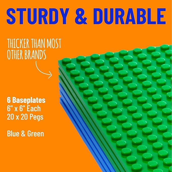 Strictly Briks Stackable Baseplates - Compatible with All Major Building Brick Brands - 6x6 in, 12-Pack, Blue & Green - Stackable Top & Bottom with Interlocking Studs