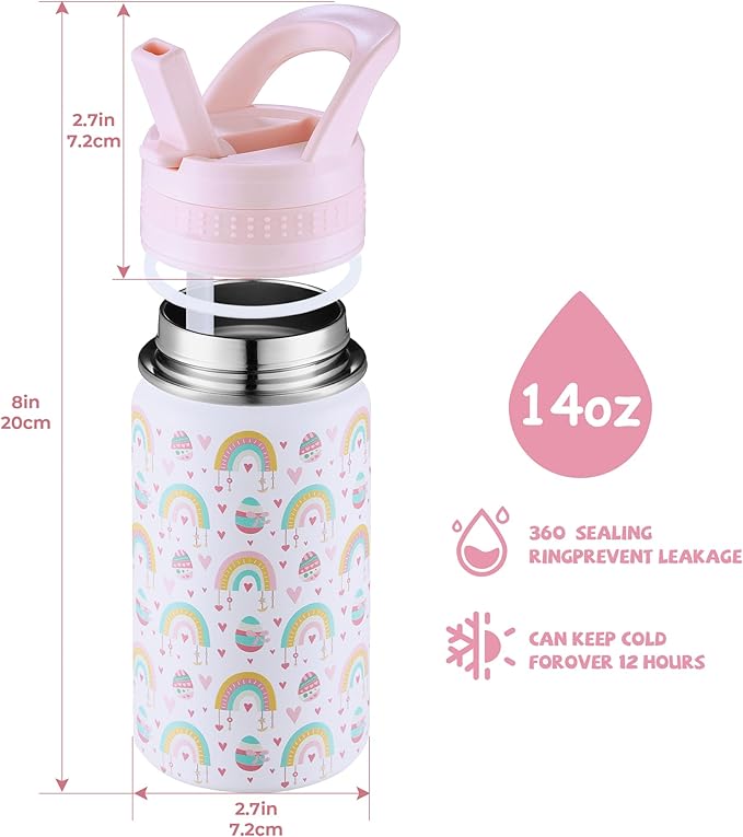 Kids Water Bottle,14oz Stainless Steel Insulated Water Tumbler Leak-Proof,School Water Mug,Small and Portable,Suitable for Boys and Girls to Use(White cartoon rainbow)