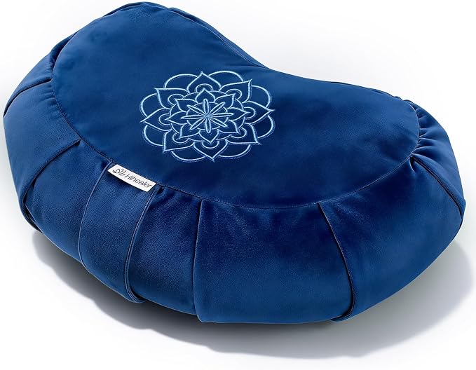 Hihealer Premium Crescent Meditation Cushion, Ergonomic Buckwheat Hull Floor Pillow for Adults, Comfortable Yoga Bolster for Meditation & Floor Sitting (Blue)