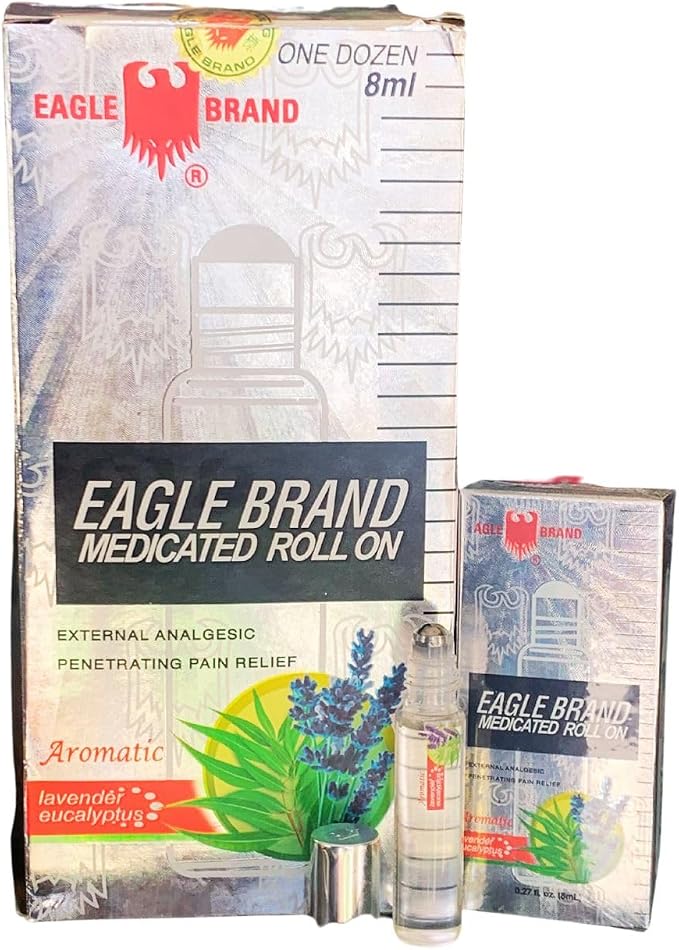 Case Set - Dozen White Roll On Eagle Essentail Medicated Oil - Muoi Hai Chai Dau LAN Con O Trang - 8ml per Bottle x 12 Bottles per Order