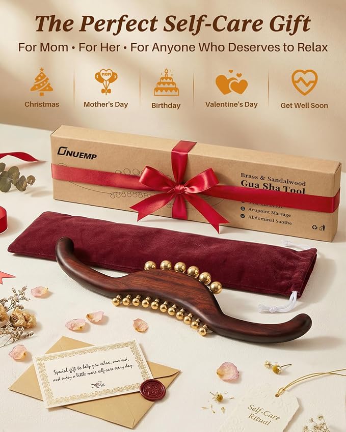 ONUEMP Sandalwood Gua Sha Muscle Scraper Tool with 17 Brass Beads, Wood Therapy Massage Tools Maderoterapia Kit for Lymphatic Drainage Body Sculpting, Deep Tissue Cellulite Massager Fascial Release