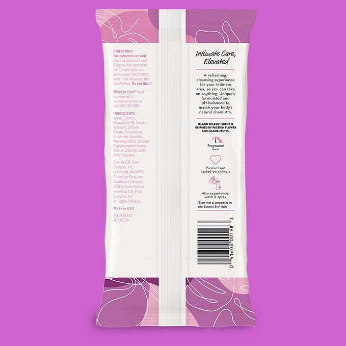 Summer's Eve Feminine Wipes, Island Splash, Vaginal Wipes, Feminine Care to Help Remove Vaginal Odor, Gynecologist Tested, 32 Wipes, Pack of 12