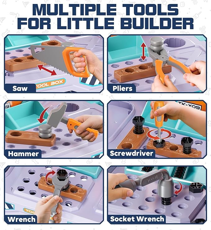 Lehoo Castle Kids Tool Bench (32.5 Inches Tall), Toddler Tool Set with Electric Drill, 2-in-1 Workbench and Toolbox, Pretend Play Tool Toys for Age 3-5, Birthday Gift for Boys