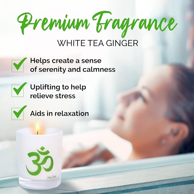 White Tea Ginger Aromatherapy Scented Candles, Luxury Spa Lemony Citrus Yoga Candles for Home Scented with Om Design, Hand-Poured Soy Candles, 50 Hours Burning Time, 7.6 oz. - OneSoul Collection