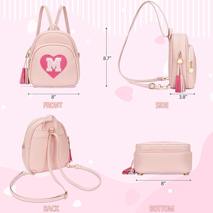 Valentines Day Gifts for Kids Gifts for Girls Little Girl Initial Mini Heart Backpack Purse Crossbody Bag with Tassel，Pink-M