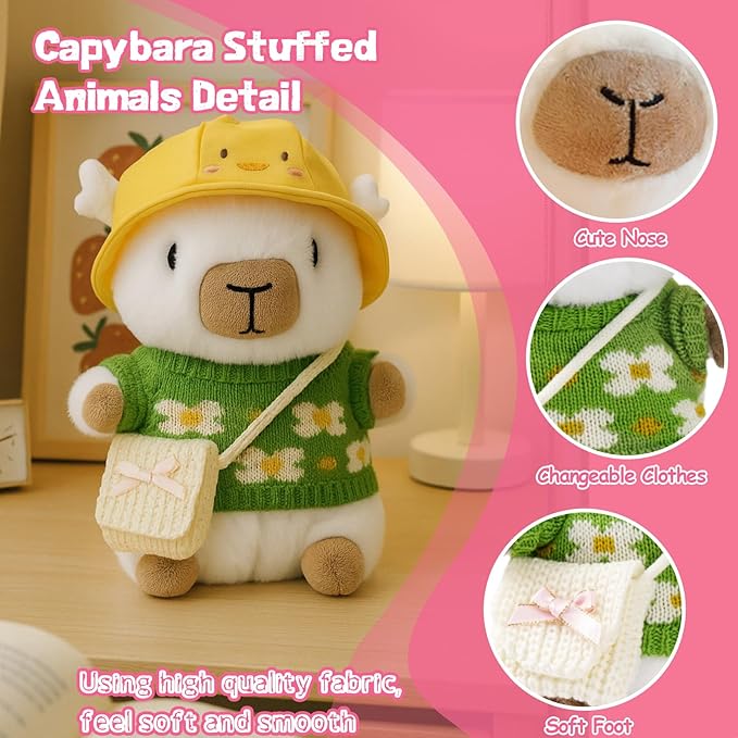 10.2" White Capybara Plush with 9 Pcs of Clothing and Accessories Super Soft Capybara Stuffed Animal Capybara Plush Toy is Suitable for Kids, Girls and Boys