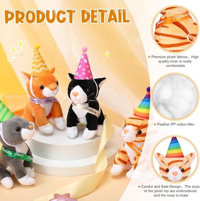 Sumind 8 Pcs Cat Stuffed Animals Bulk Plush Pets 5 Inch Cute Assorted Plush Cats Horse for Birthday Halloween Christmas Party Favors Favors(Cheers Cat)