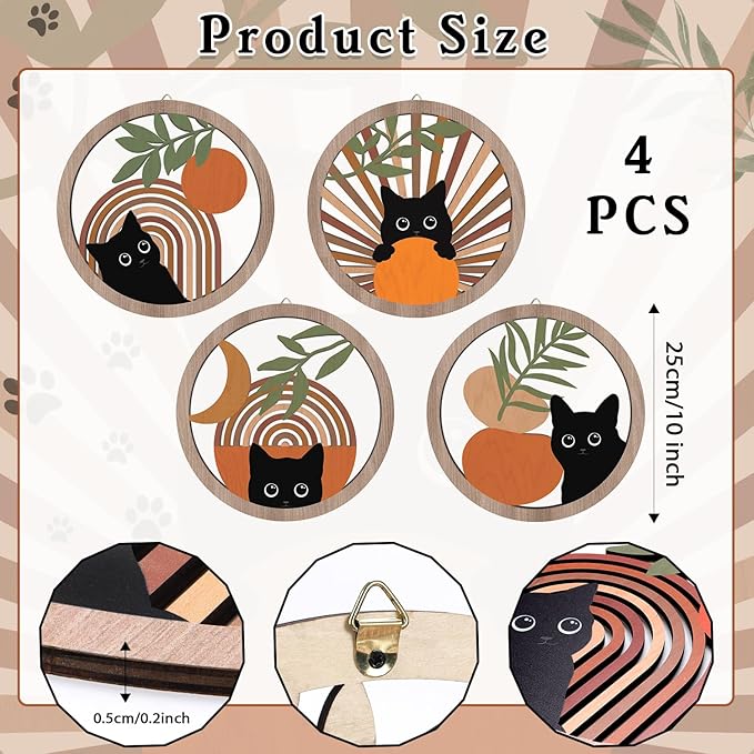 HPNIUB Abstract Mid Century Boho Black Cat Wall Decor-4 Pieces 10''x10'' | Farmhouse Geometric Hanging Wooden Wall Art,Bohemian Moon and Sun Wood Sign for Nursery Bedroom Decoration, Lovely Cat Gifts