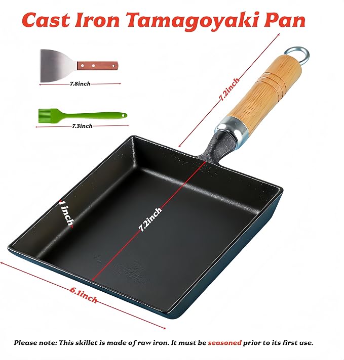 RIIPOO Cast Iron Tamagoyaki Pan Japanese Omelette Egg Tamago Pan Skillet with Turner & Brush