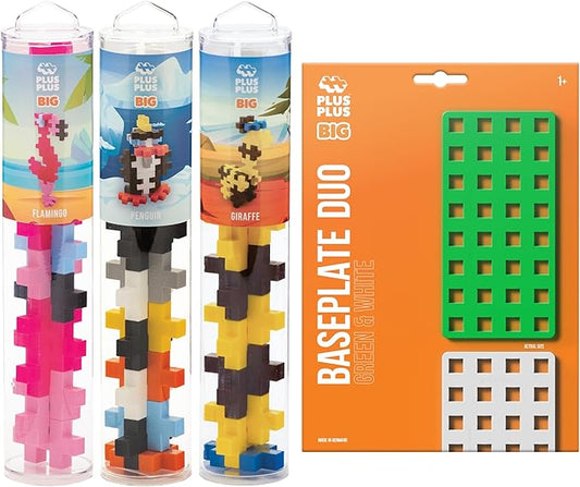 PLUS PLUS Big - Zoo Playset Bundle - 15 pc Penguin, Flamingo, Giraffe Tube & Baseplate Duo - Construction Building Stem/Steam Toy, Interlocking Large Puzzle Blocks for Toddlers and Preschool