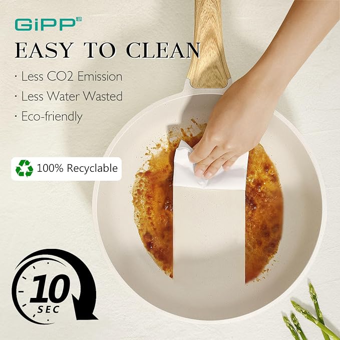 GiPP Non Stick Frying Pan Set - 9.5" 10.2" 11" Granite Nonstick Pan Skillet, Non Toxic Pans for Cooking, Omelette Pans with Stay Cool Handle, Induction Compatible, PFAS/PTFE/PFOA Free, White