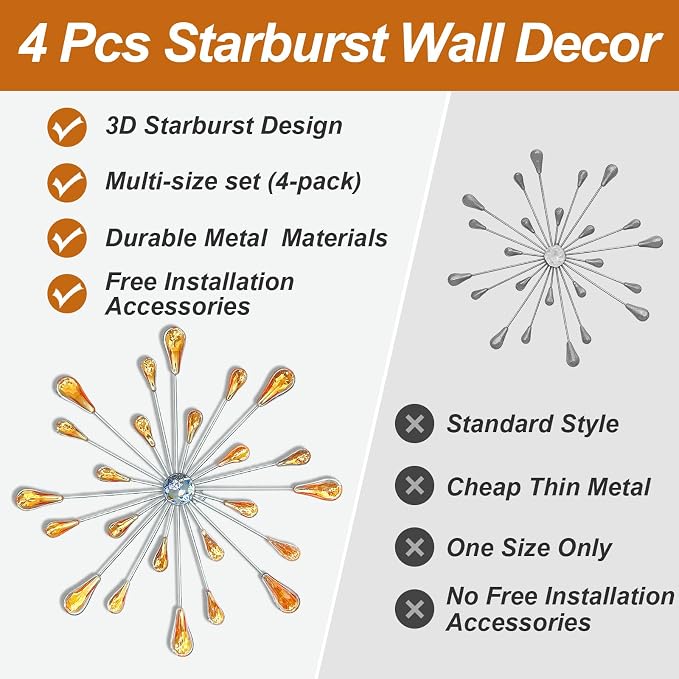 ZEXUIRU 4 Set Silver Starburst Wall Art for Home Decor Metal Bling Crystal Rhinestones Sunburst Wall Decor Sparkling Rhinestone Art Accent -Orange 13in/11.8in/9.8in/9.8in