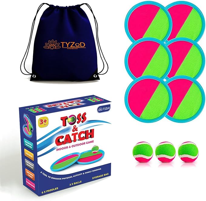 Toss and Catch Ball Set, Outdoor Games, Beach Games for Kids, Toss Ball and Catch Game Set for Kids/Family (6 Paddles, 3 Balls and 1 Storage Bag) (Pink-Green)