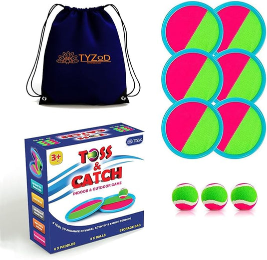 Toss and Catch Ball Set, Outdoor Games, Beach Games for Kids, Toss Ball and Catch Game Set for Kids/Family (6 Paddles, 3 Balls and 1 Storage Bag) (Pink-Green)
