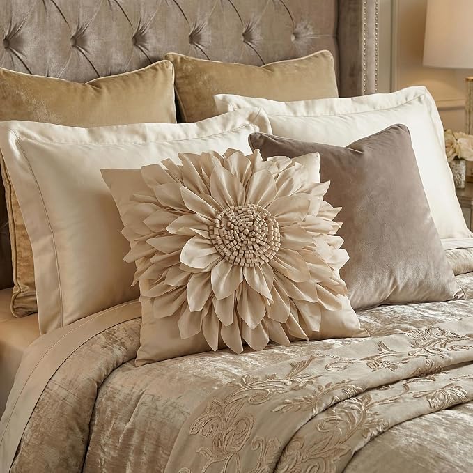 Beige Taupe Accent Flower Decorative Throw Pillow Covers for Bed Sofa Couch | Bella's Giftshop Handmade Sunflower Taffeta Pillow Cases Living Room Bedroom Decor, 18x18 Inch