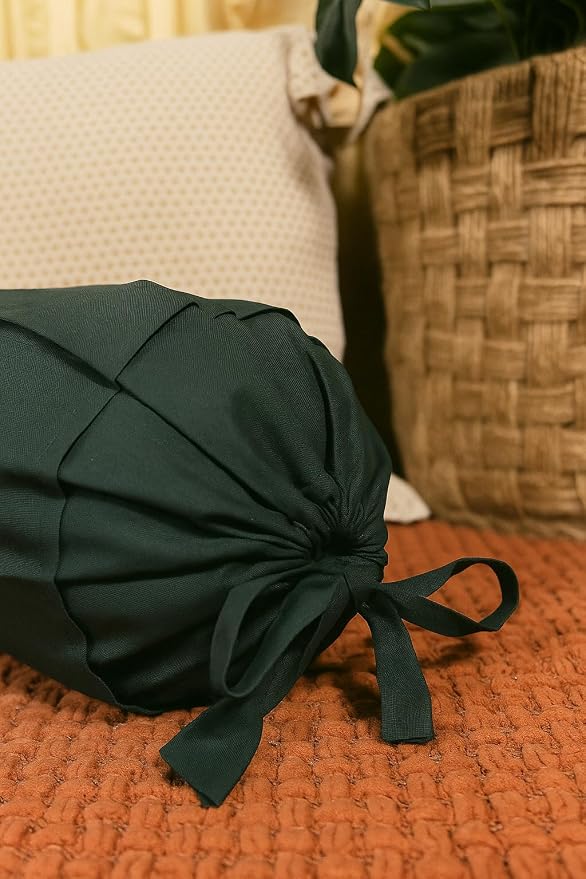 Round Bolster Cover Cervical Neck Roll Cotton Pillowcase for Cylindrical Pillow with Drawstring Closure Neck Pillow case 6" x 18" (15 x 45 cm) Bottle Green