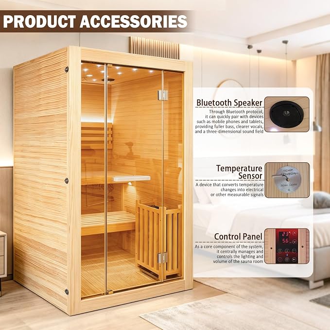 Steam Sauna, 2-4 Person Traditional Indoor Sauna with 3KW/240V Stove Heater | Chilean Pine Wood Sauna Room with Wooden Barrel and Spoon, Sauna Stone, Hygrometer, Cup Holder, LED Lighting, Speaker