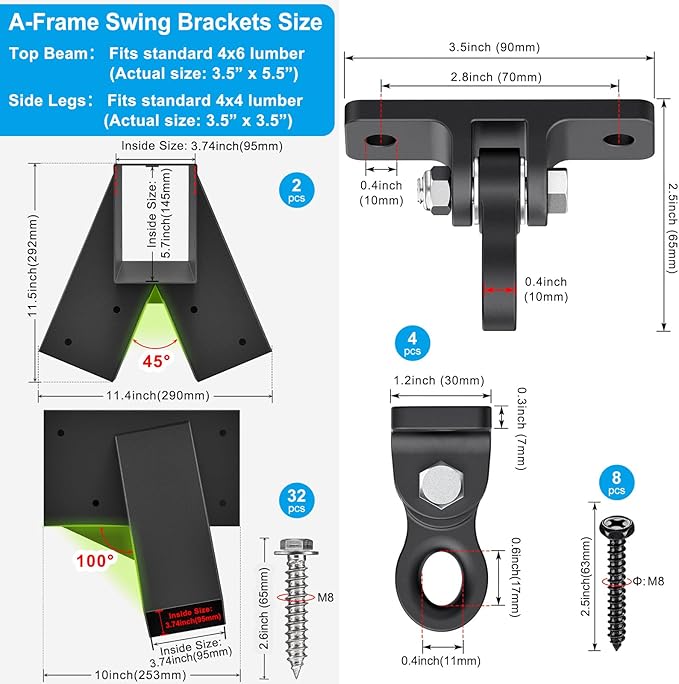 Dolibest Heavy Duty Swing Set Brackets – Complete Kit with 2 A-Frame Brackets, 4 Swing Leveling Base Brackets, 2 Swing Seats & 4 Swing Hangers for DIY Playground Equipment