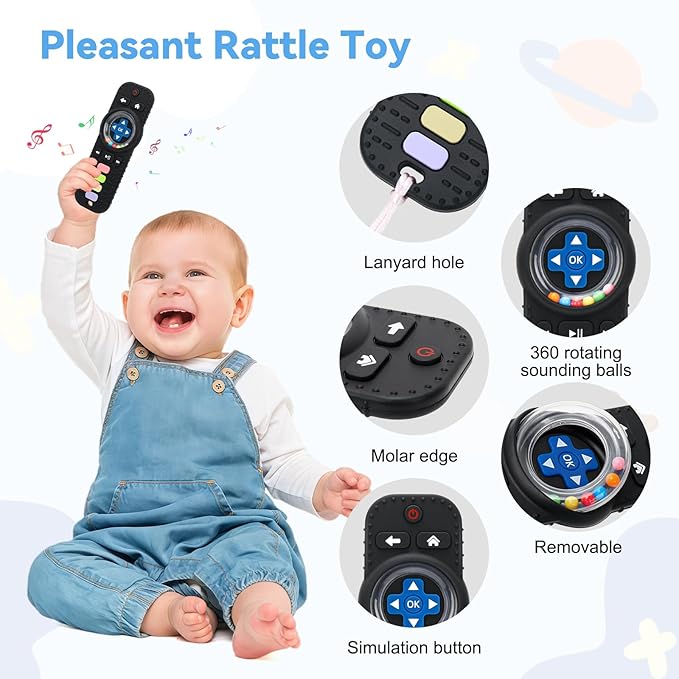 Baby Teether Toy Chew Toys for Babies, Silicone TV Remote Control Shape with Rattle Teething Relief for Infants, Sensory Teething Toys for Baby