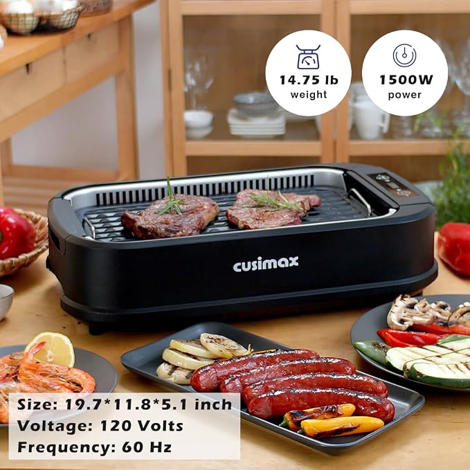 Smokeless Grill Indoor, CUSIMAX Electric Grill, 1500W Indoor Grill, Black | Portable Korean BBQ Grill with Smart LED Display & Tempered Glass Lid, Non-stick Removable Plate, Dishwasher Safe