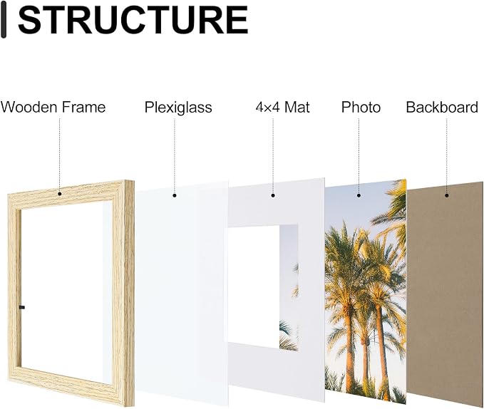 Vittanly 8x8 Picture Frames Set of 9 for Wall or Tabletop Display, OAK | Display Pictures 4x4 with Mat or 8x8 without Mat for Wall Mounting, Square Photo Frames for Home Decor, Engineered Wood