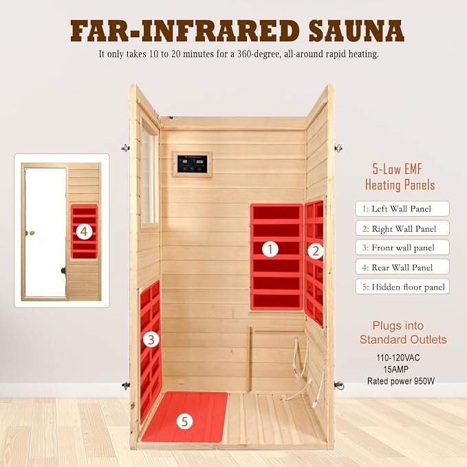 Kanlanth 1 Person Far Infrared Sauna - Low EMF Mini Indoor Wood Sauna, Compact Home Spa for Small Spaces, Bluetooth Speakers, LED Reading Light, 120V/950W, 36.6"x 29.3"x 63"