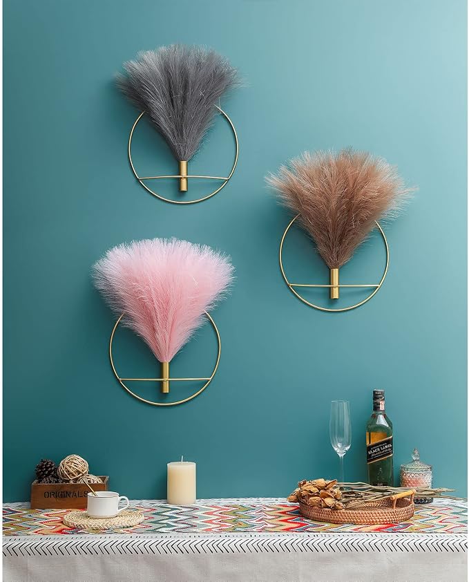 Pretty Jolly Boho Pampas Wall Decor Black Metal Wall-Mounted Art | Morden Artificial Greenery Display，2 Pack Coffee Hanging Planter For Living Room, Bedroom, Bathroom, Dining room