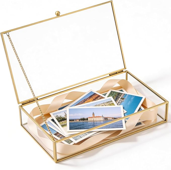 MAOPINER 8.66 x 5.32 x 1.81 Vintage Gold Glass Jewelry Box with Lid | Clear Glass Display Organizer with Lid for Rings, Bracelets & Earrings, Decorative Rectangular Jewelry Storage Case