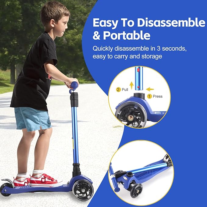 3 Wheel Scooter for Kids Ages 6-12,Kids Scooter with Light Up Wheels, Sturdy Deck Design, and 4 Height Adjustable Suitable for Kid Ages 3-12