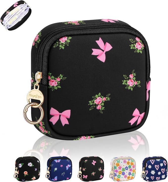 Period Bag for Teen Girls, Neoprene Cute Sanitary Napkin Storage Bag, Floral Menstrual Pad Pouch Tampon Holder (Bow Floral)