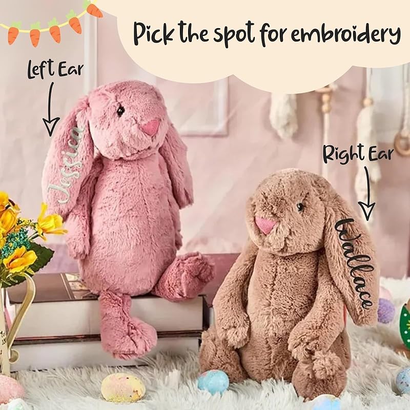Custom Easter Bunny Plush for Babies with Embroidered Name, Handmade Personalized Plush Rabbit Bunny Stuffed Animal for Girl Boy Baby Gift(11.8inches- 1 ear embroidery)