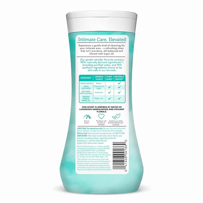 Summer's Eve Essential Botanicals All-Over Daily Feminine Wash with Argan Oil, Gentle pH-Balanced Body Wash for Women, Removes Vaginal Odor and Refreshes, 12 Fl Oz