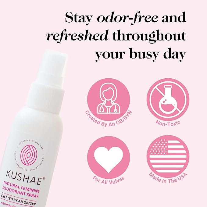 Kushae Natural Feminine Deodorant Spray for Women, All Natural, Unscented and Fragrance Free, Refreshing Control for Odor and Dryness, 4 oz
