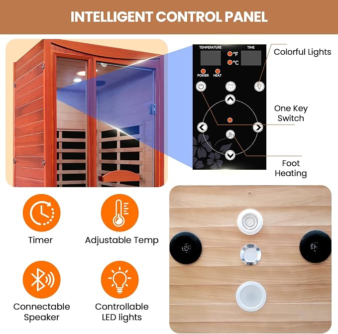 Infrared Sauna, Far Infrared Saunas for Home 1550W/110V Indoor Sauna for Single Person Wood Sauna Spacious 1-2 Person Low EMF Dry Sauna with Speakers/Air Hole and Color Lighting 39.4 * 35.4 * 74.8 in