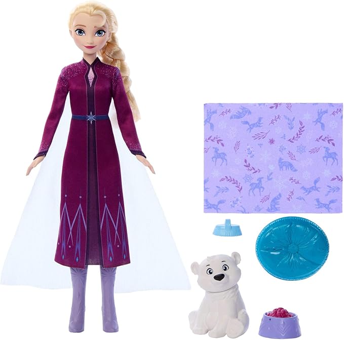 Mattel Disney Frozen Elsa Fashion Doll & Bear Cub Figure with 4 Accessories Including Animal Bed & Blanket, Inspired by Animals of Arendelle