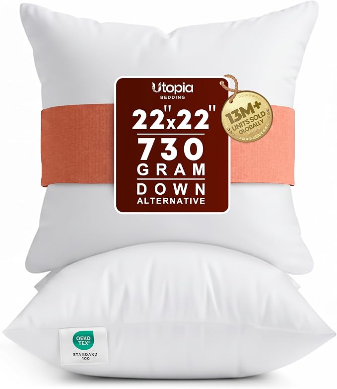 Utopia Bedding 22x22 Pillow Inserts, White Throw Pillows for Couch, 2 Pack | Indoor cushion inserts for bed, sofa & couch, Supportive & fluffy decorative pillows for everyday comfort, Set of 2, White