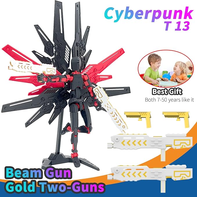 T13 Titan 13 Action Figure Already Assembled, Cyberpunk Futuristic Mecha 3D Printed Action Figure Set Robo 13, Lucky 13, Gift for Dummy Collectors Desktop Decorations (Black Red)