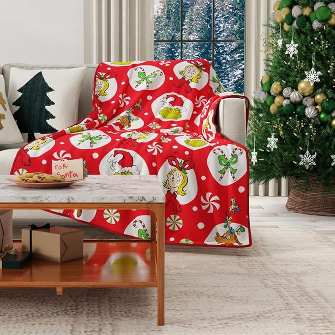 Franco Collectibles The Grinch By Dr. Seuss Holiday Christmas Super Soft Cozy Plush Throw, 40 in x 50 in, (Officially Licensed Product)