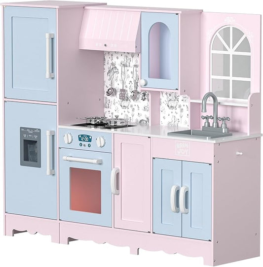 BRINJOY Play Kitchen for Kids, Wooden Kids Kitchen Playset w/Faucet, Sink, Stove, Oven, Window, Cookware, Storage Cabinets, Toddler Role Play Kitchen Pretend Play Toy Set Gift for Girls Boys Ages 3+