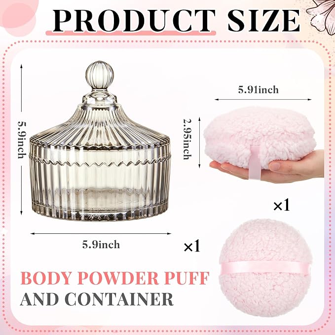 Tioncy 2 Pcs Extra Large Dusting Powder Puff and Container for Women-6'' Glass Crystal Dusting Powder Container Soft Washable Reusable Velour Face (Tawny,Classic)