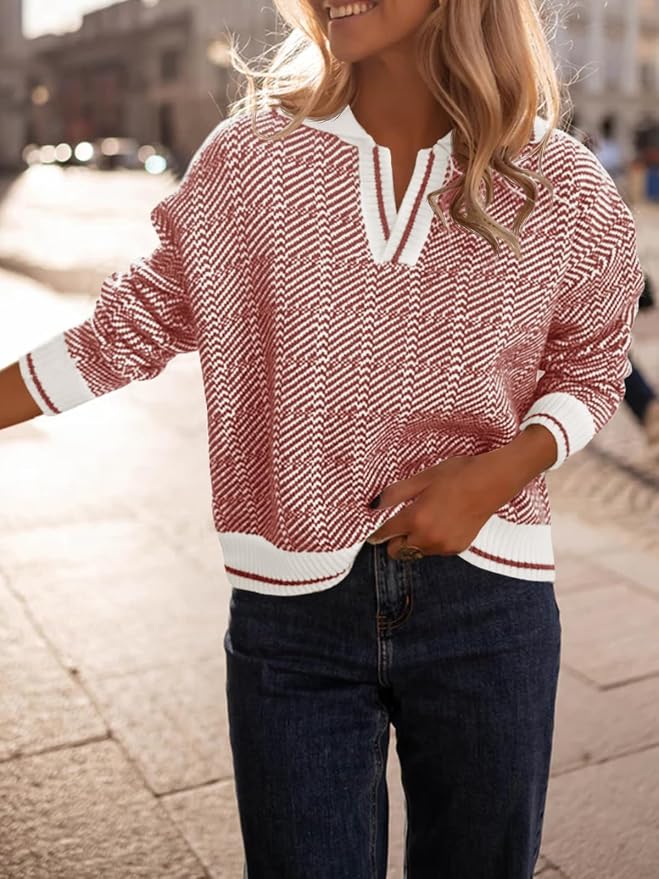 Saodimallsu Womens Fall Sweaters Tops Lapel V Neck Knit Color Block Shirt | Winter,Long Sleeve,Casual,Soft,Pullover,Cozy,Ribbed,Ladies,Chunky,Warm Sweaters,Checkered,Tunic,Work