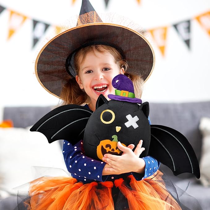 Halloween Black Bat Plush Pillow Toy, 10-inch Super Soft Cute Bat with Big Wings and Pumpkin Stuffed Animals for Kids Adult