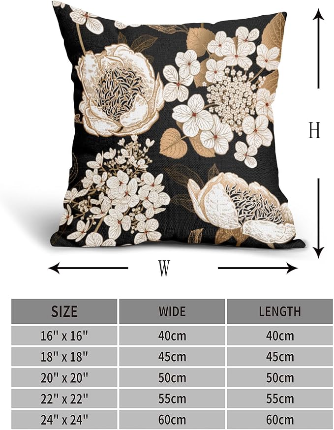 Vintage Flowers Pillow Covers 18X18 Inch Set of 2 White Floral Gold Leaves Botanical Decorative Pillow Cases Rustic Black Cotton Linen Cushion Case Farmhouse Home Decor For Sofa Couch Living Room