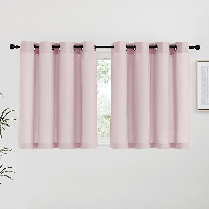 NICETOWN Blush Pink Linen Curtains for Kitchen, Thick Flax Small Window Treatments Semi Sheer Privacy Assured with Light Through for Cafe/Bathroom, W55 x L36, 2 Panels