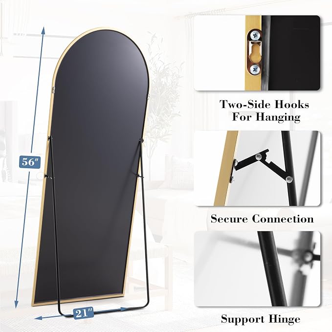 DUMOS Arched Full Length Mirror, 56"x21" Full Body Floor Standing Mirror with Aluminum Frame and Shatter Proorf Nano Glass, Modern Wall Hanging Leaning for Living Room, Home Decor, Gold